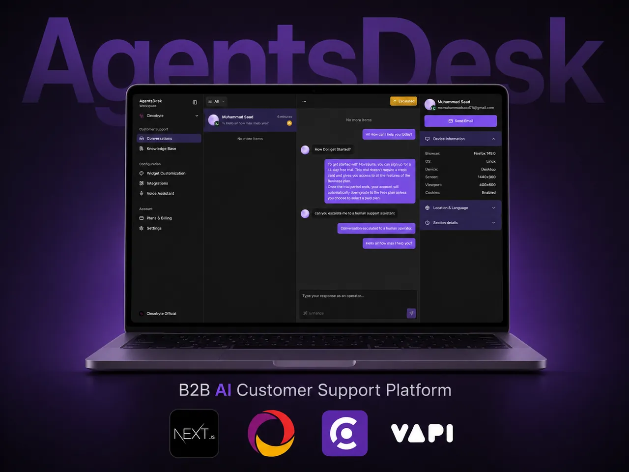 AgentsDesk — B2B AI SaaS: A multi-tenant AI support platform so companies can deploy isolated, tool-calling support agents per client.